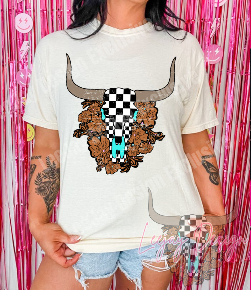 Checkered Bull Skull W/Leather Tooling (LeeJay Design Exclusive)