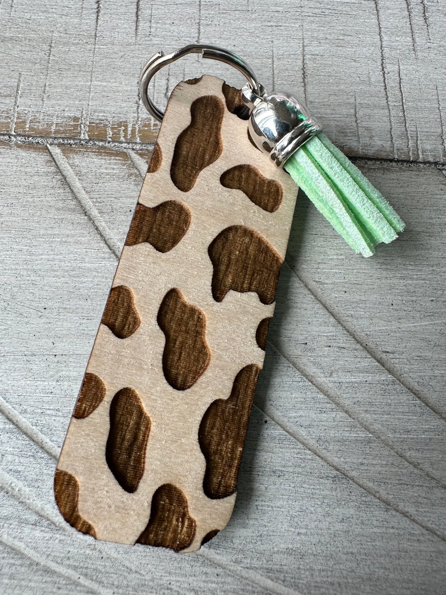 Wood Cow Print Keychain with Tassle