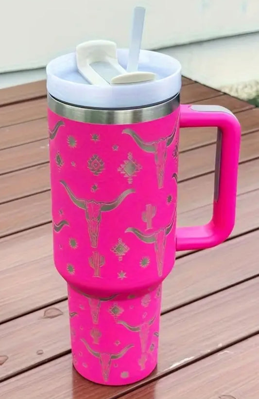 Pink Western Bull Skull 40oz