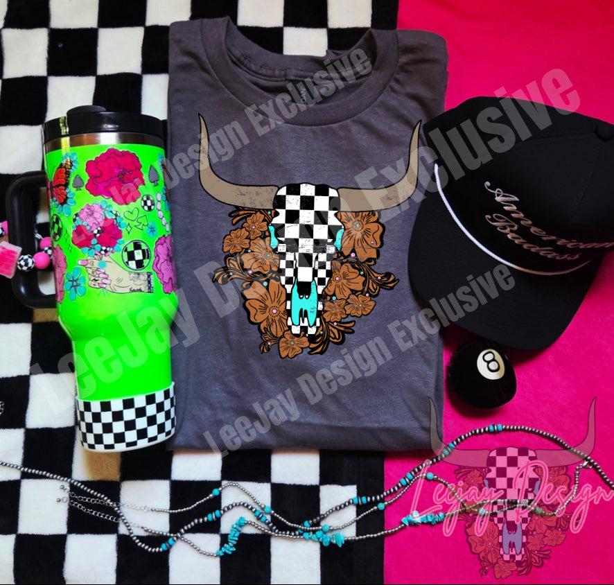 Checkered Bull Skull W/Leather Tooling (LeeJay Design Exclusive)