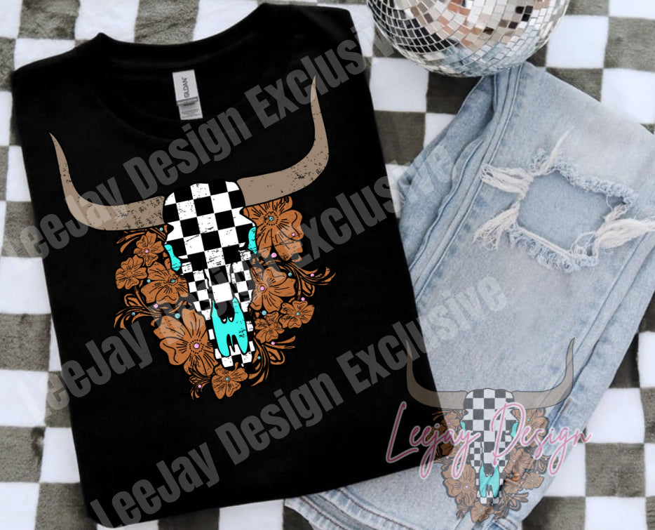 Checkered Bull Skull W/Leather Tooling (LeeJay Design Exclusive)